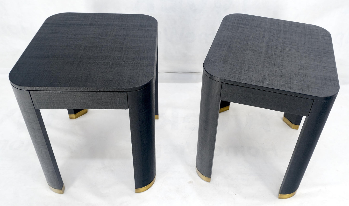 Pair Black Lacquer Grass Cloth Wrapped One Drawer Night Stands End Tables MINT!