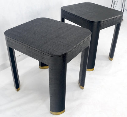 Pair Black Lacquer Grass Cloth Wrapped One Drawer Night Stands End Tables MINT!