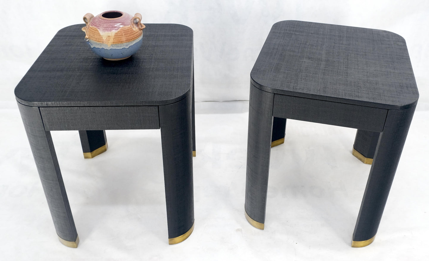 Pair Black Lacquer Grass Cloth Wrapped One Drawer Night Stands End Tables MINT!