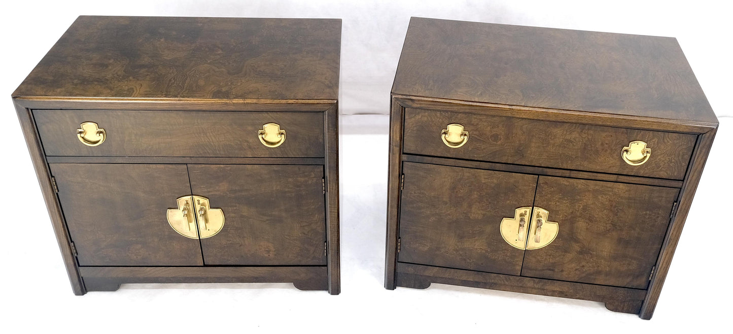 Pair Mastercraft Burl Wood Heavy Brass Hardware One Drawer Night Stands Tables