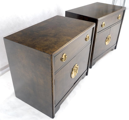 Pair Mastercraft Burl Wood Heavy Brass Hardware One Drawer Night Stands Tables