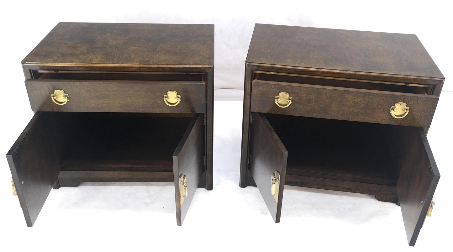 Pair Mastercraft Burl Wood Heavy Brass Hardware One Drawer Night Stands Tables