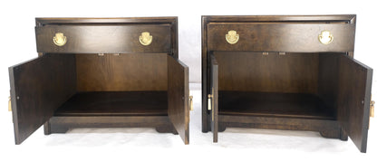 Pair Mastercraft Burl Wood Heavy Brass Hardware One Drawer Night Stands Tables