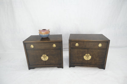 Pair Mastercraft Burl Wood Heavy Brass Hardware One Drawer Night Stands Tables