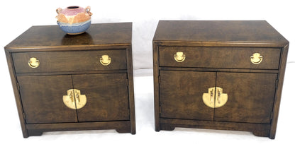 Pair Mastercraft Burl Wood Heavy Brass Hardware One Drawer Night Stands Tables