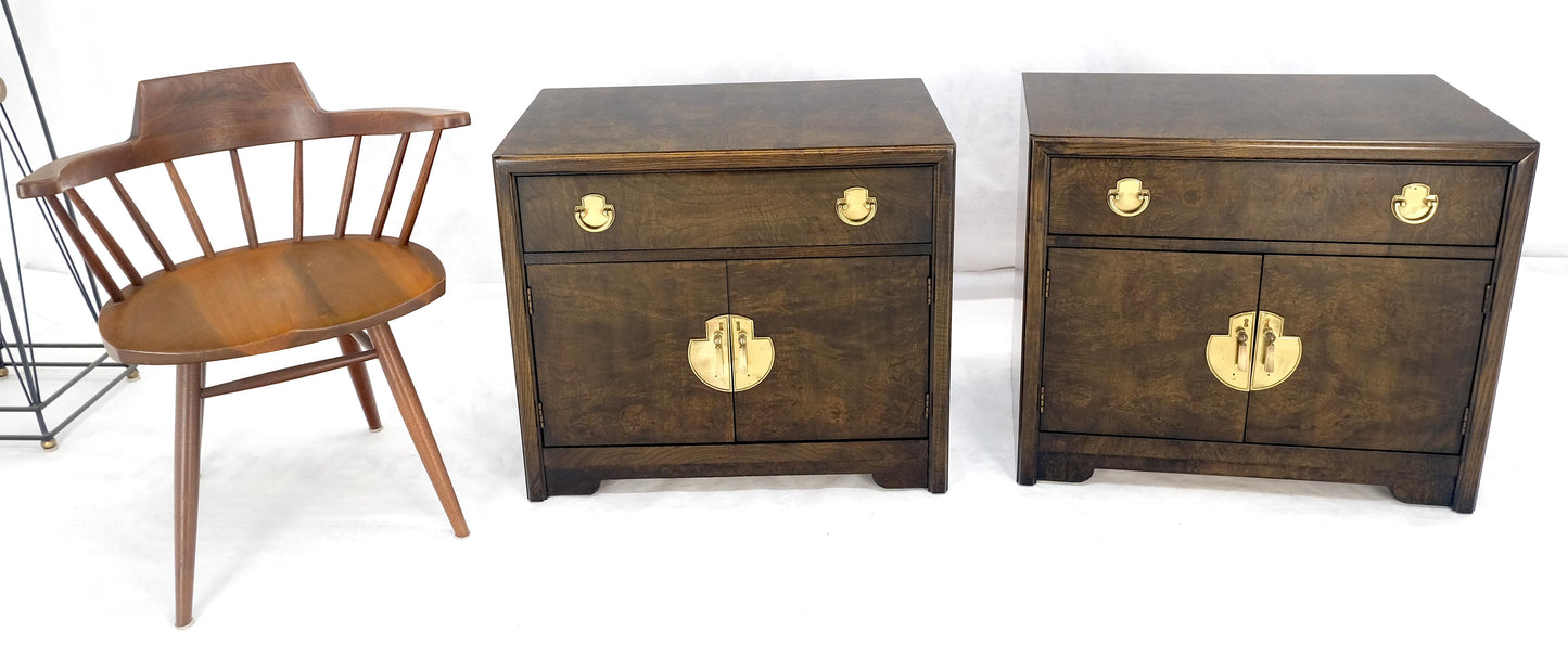 Pair Mastercraft Burl Wood Heavy Brass Hardware One Drawer Night Stands Tables