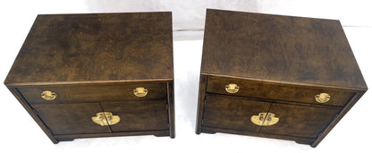 Pair Mastercraft Burl Wood Heavy Brass Hardware One Drawer Night Stands Tables