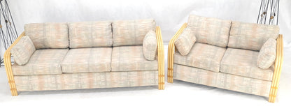 Pair Bent Bamboo Frames Linen Like Upholstery Mid Century Modern Sofa Loveseat