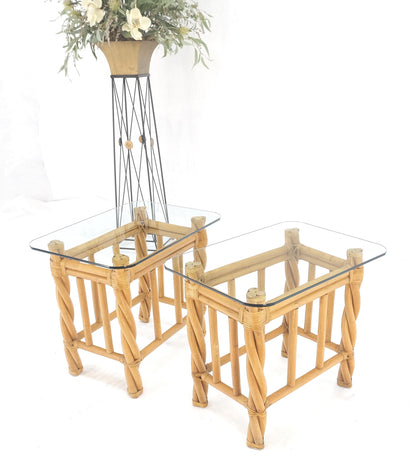 Pair Decorative Twisted Rattan Rectangle End Side Tables Stand Rounded Glass Top