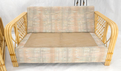 Pair Bent Bamboo Frames Linen Like Upholstery Mid Century Modern Sofa Loveseat