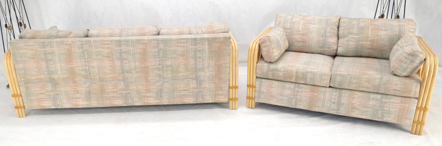 Pair Bent Bamboo Frames Linen Like Upholstery Mid Century Modern Sofa Loveseat