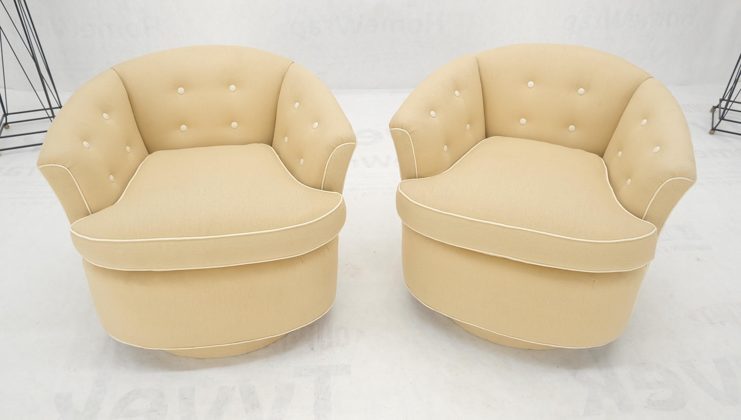 Pair of New Linen Upholstery Round Swivel Tub Barrel Back Chairs Baughman MINT!