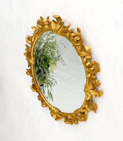 Round Oval Gold Gilt Gesso Mirror Fine Detail Flowers and Leafs MINT!