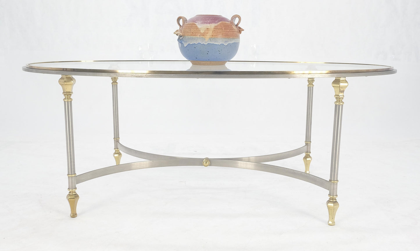 Mid Century Hollywood Regency Italian Oval Glass top Brass & Chrome Coffee Table