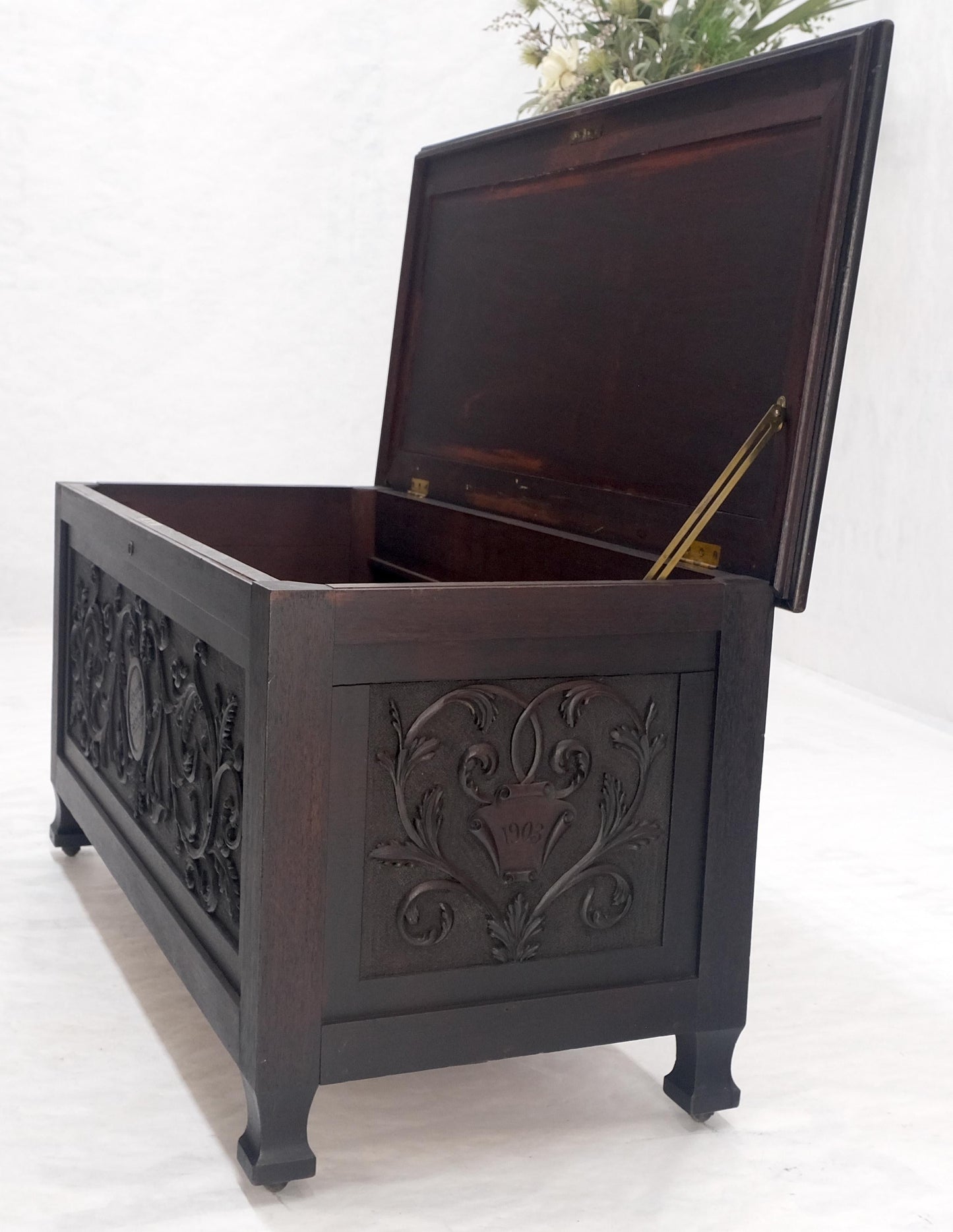 Very Fine Carved Ebonized Mahogany Trunk Hope Chest Dated 1903 Super Clean MINT!