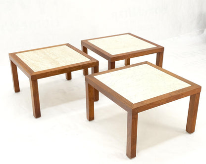 Set of Mid Century Solid Walnut Bases Travertine Tops End Side Occasional Tables