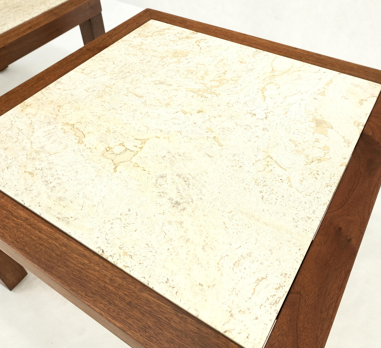 Set of Mid Century Solid Walnut Bases Travertine Tops End Side Occasional Tables