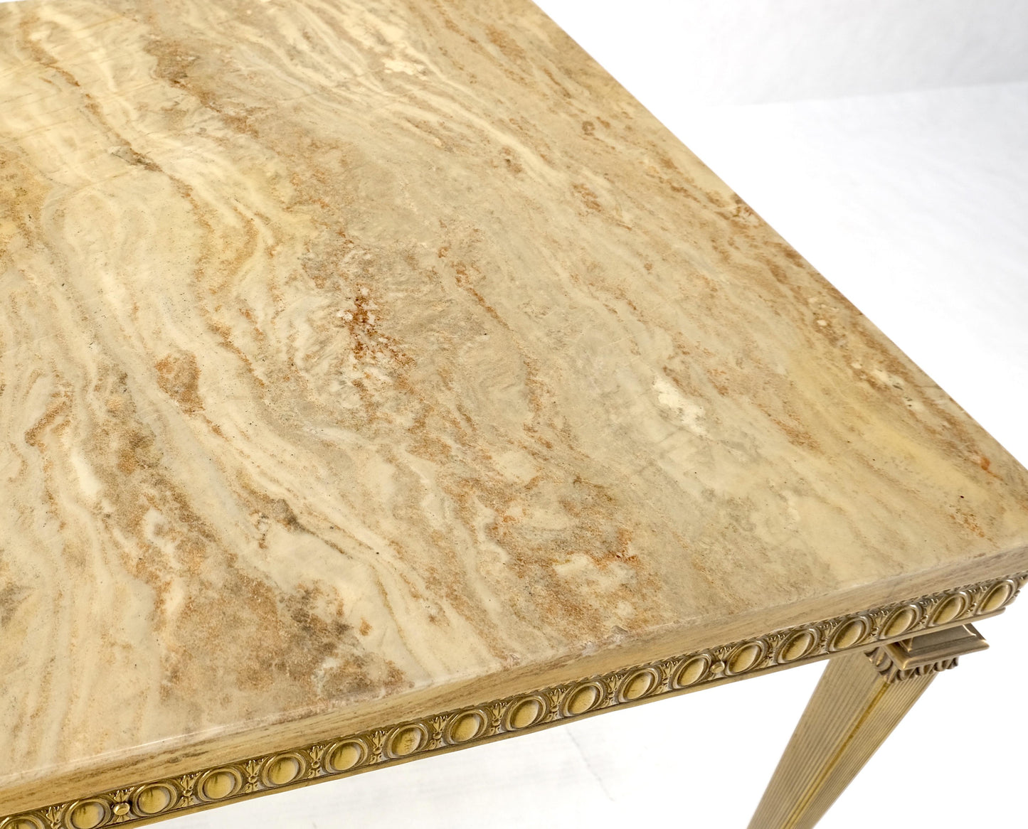 Square Solid Brass or Bronze Base Travertine Top Side End Occasional Table MINT!