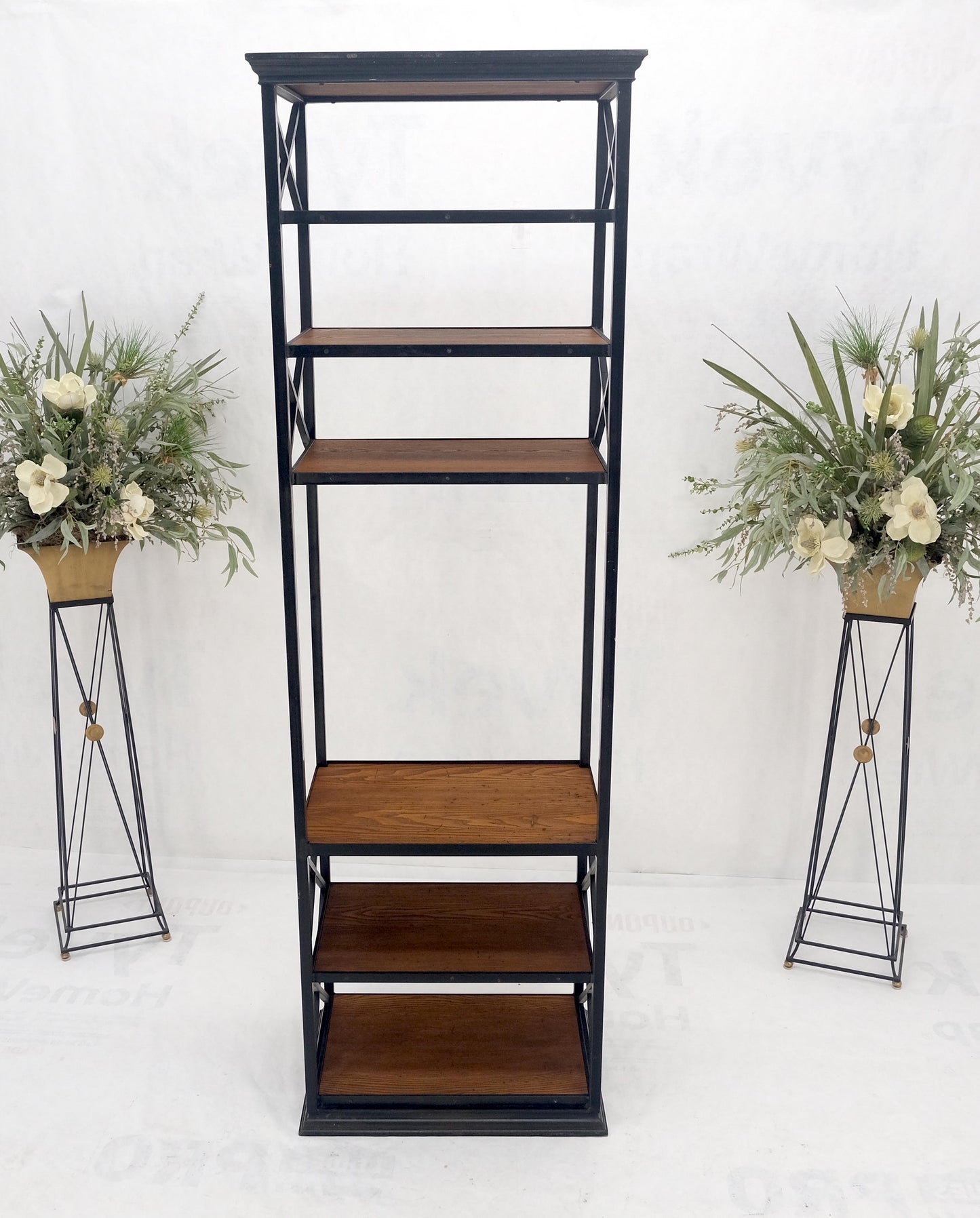 Black Steel & Wormy Chestnut Shelves 8 Foot Tall Etagere BookCase Display MINT