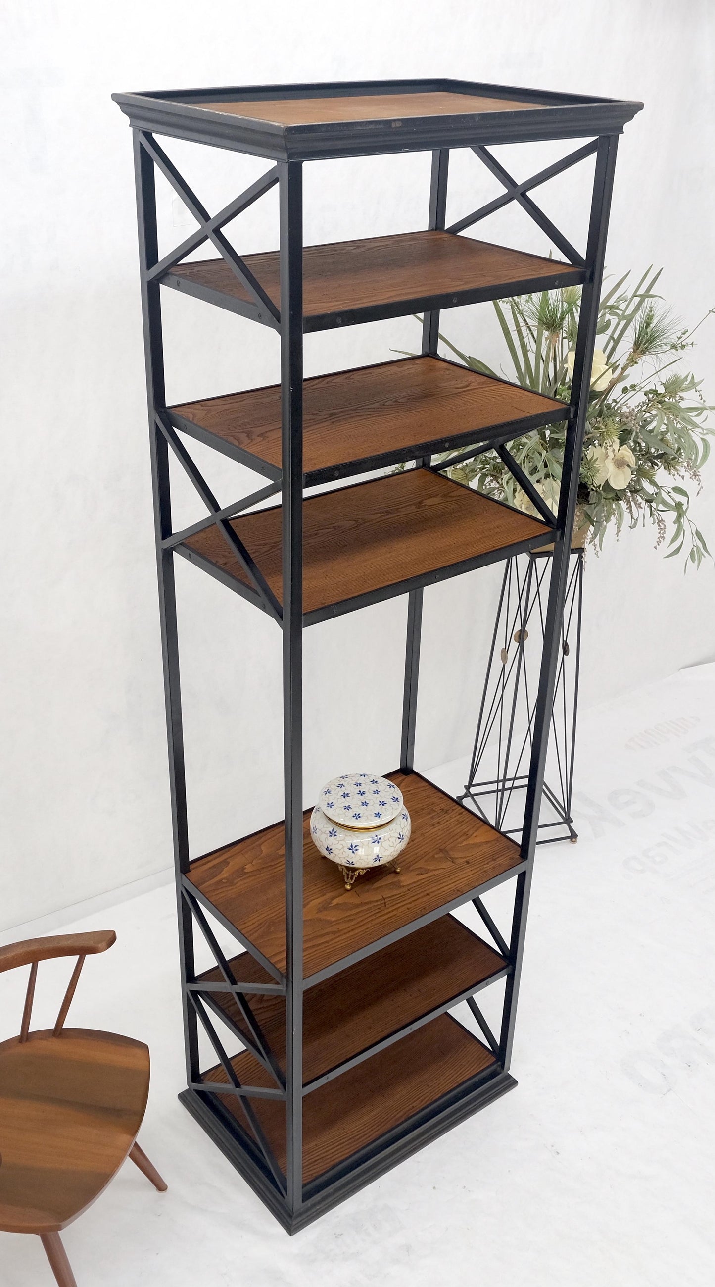 Black Steel & Wormy Chestnut Shelves 8 Foot Tall Etagere BookCase Display MINT