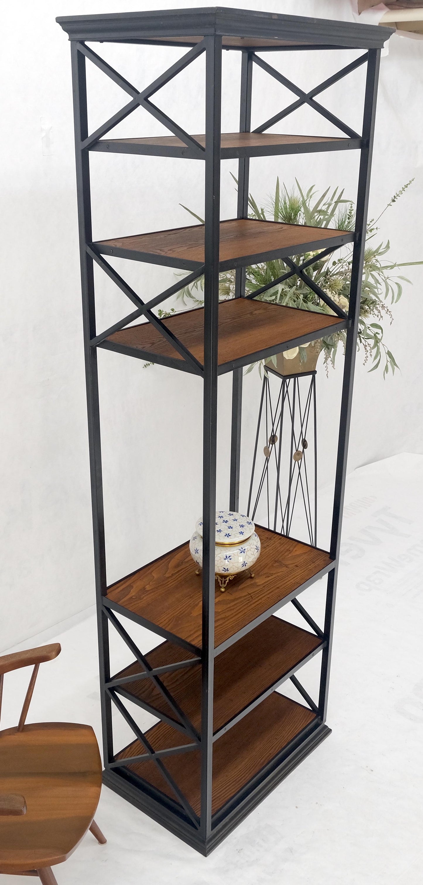 Black Steel & Wormy Chestnut Shelves 8 Foot Tall Etagere BookCase Display MINT