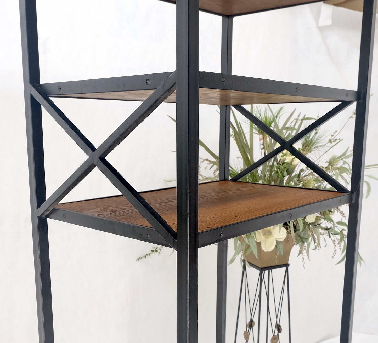 Black Steel & Wormy Chestnut Shelves 8 Foot Tall Etagere BookCase Display MINT