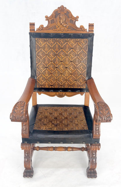 Large Massive Carved Claw Feet Fine Embossed Lions Leather Upholstery Armchair