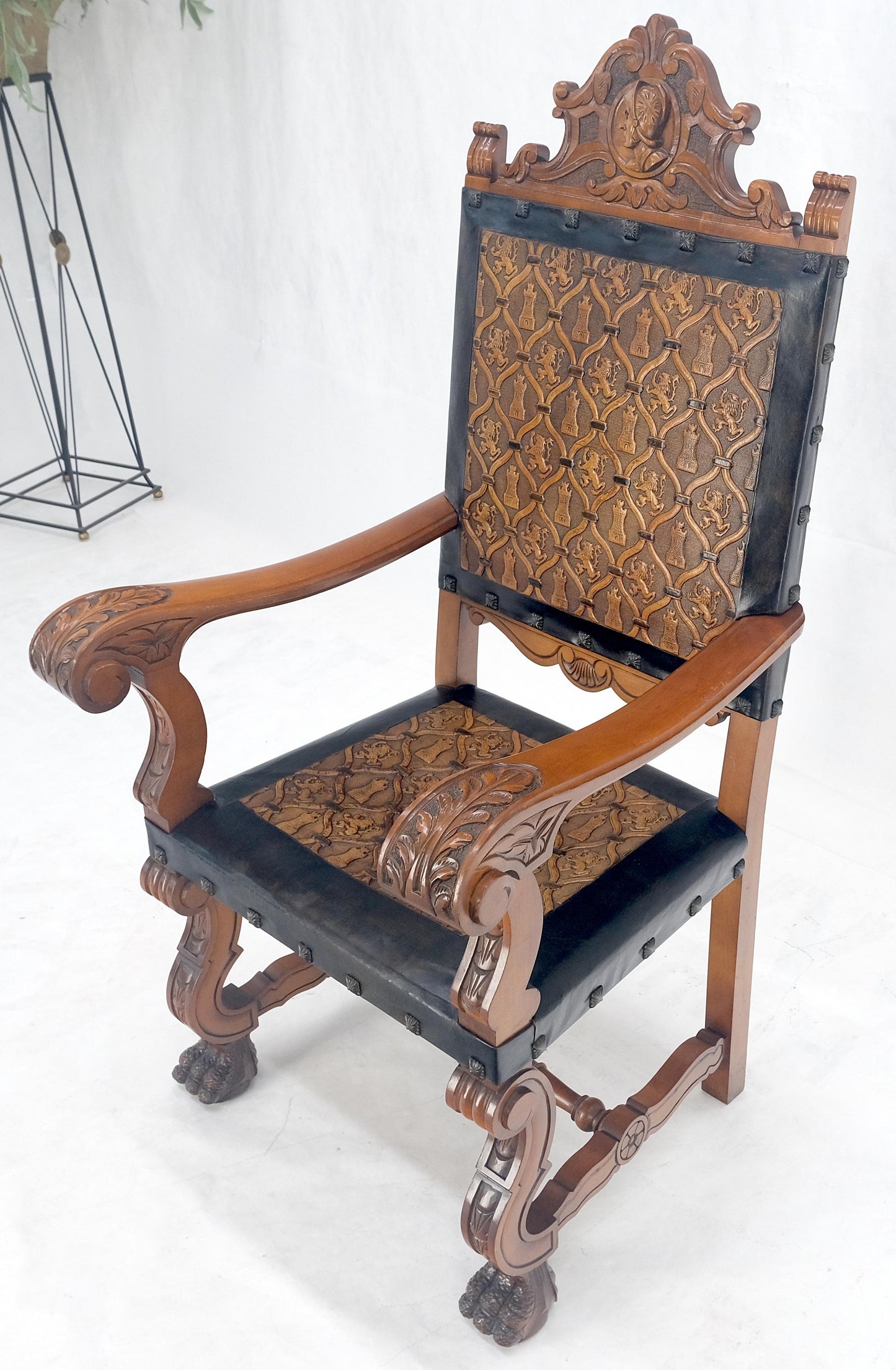 Large Massive Carved Claw Feet Fine Embossed Lions Leather Upholstery Armchair