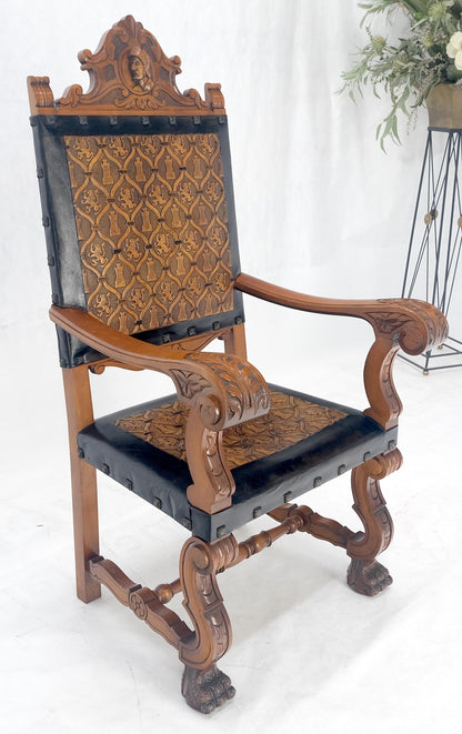 Large Massive Carved Claw Feet Fine Embossed Lions Leather Upholstery Armchair