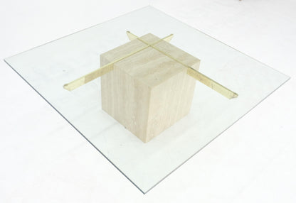 Large 37x37 Square Glass Top Travertine Pedestal & Brass Base Coffee Table