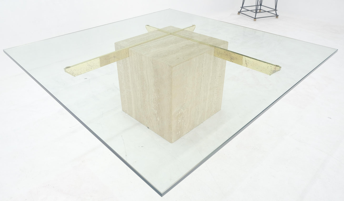 Large 37x37 Square Glass Top Travertine Pedestal & Brass Base Coffee Table