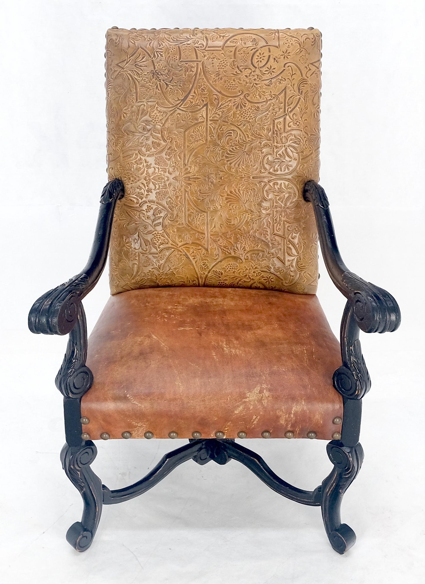 Large Ebonised Carved Walnut Embossed Leather Upholstery Regency ArmChair