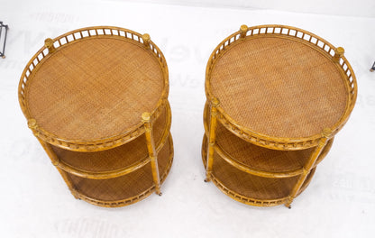 Pair of Maguire Round Reed & Cane Three Tier Gallery Top Serving Tables Stands