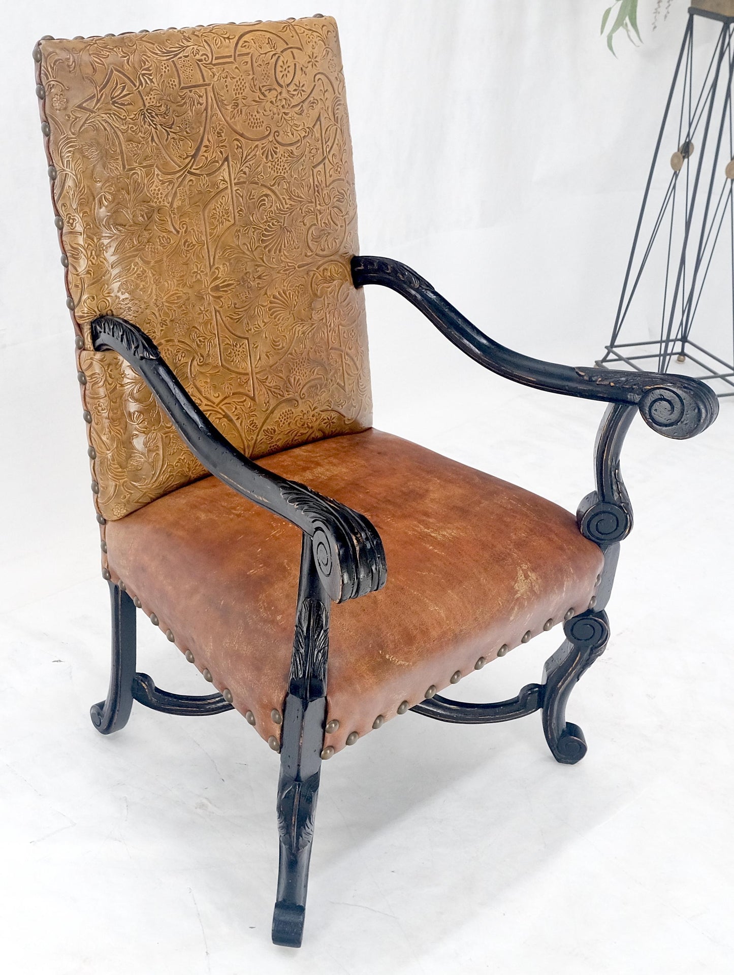 Large Ebonised Carved Walnut Embossed Leather Upholstery Regency ArmChair