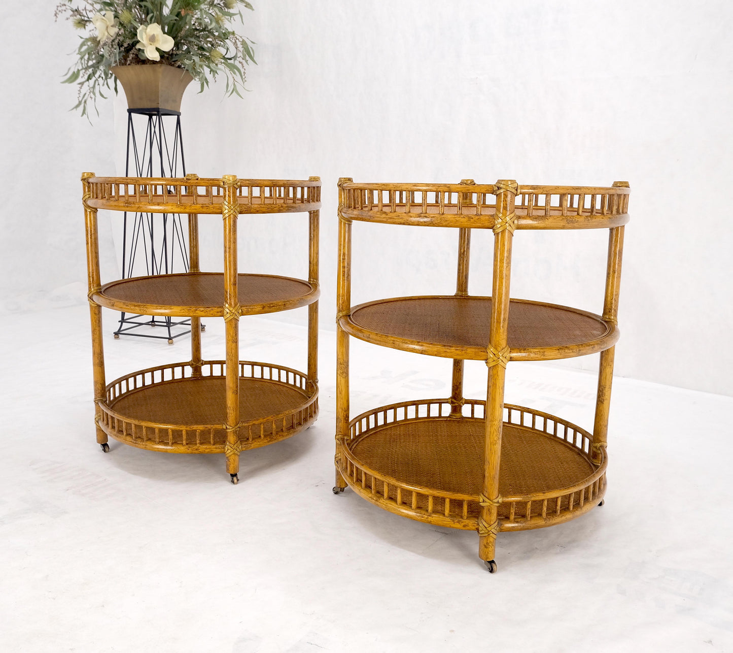 Pair of Maguire Round Reed & Cane Three Tier Gallery Top Serving Tables Stands