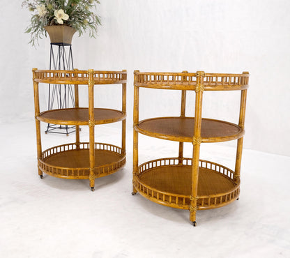 Pair of Maguire Round Reed & Cane Three Tier Gallery Top Serving Tables Stands