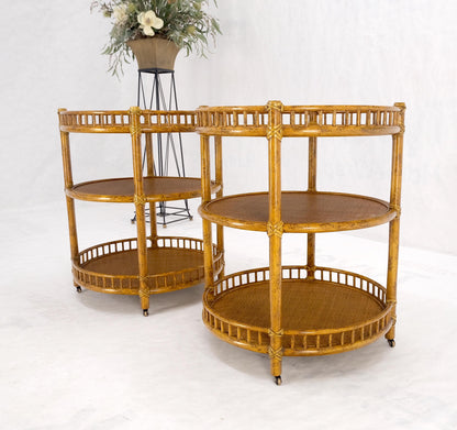 Pair of Maguire Round Reed & Cane Three Tier Gallery Top Serving Tables Stands