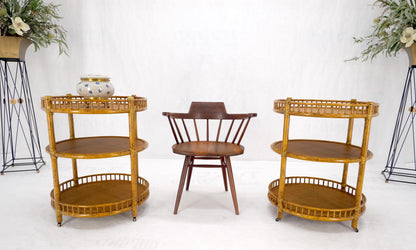 Pair of Maguire Round Reed & Cane Three Tier Gallery Top Serving Tables Stands