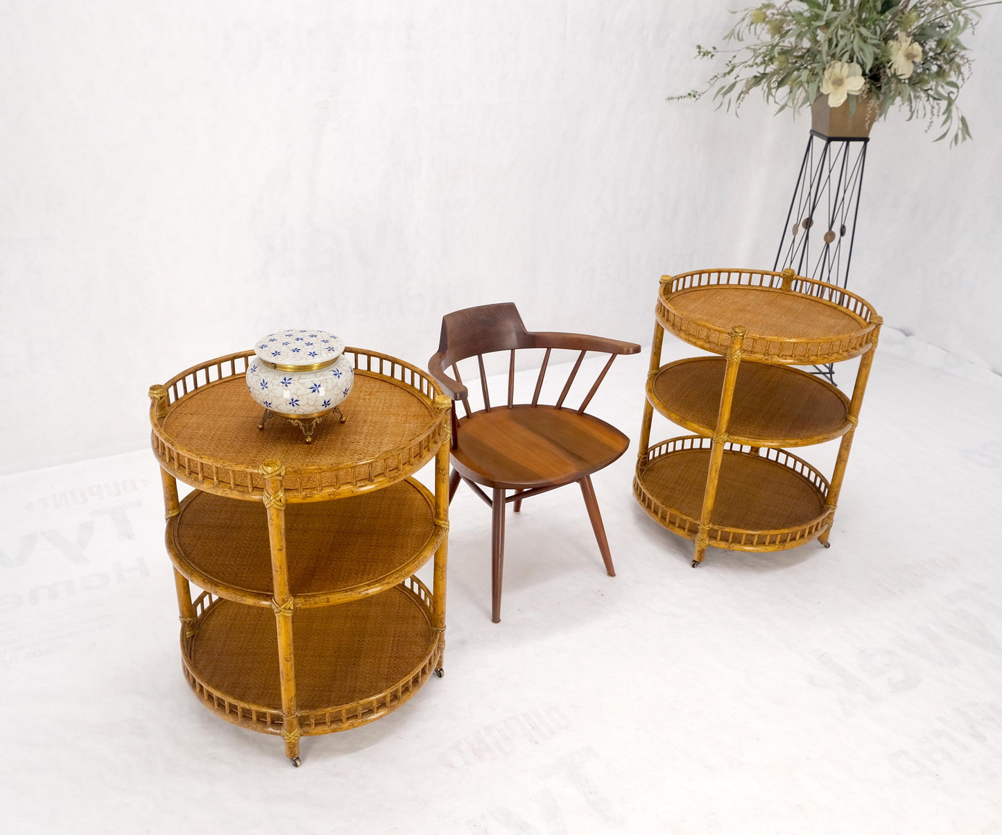 Pair of Maguire Round Reed & Cane Three Tier Gallery Top Serving Tables Stands