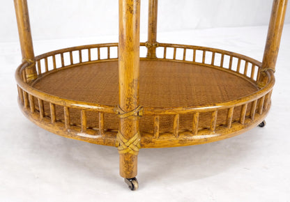 Pair of Maguire Round Reed & Cane Three Tier Gallery Top Serving Tables Stands