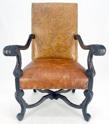 Large Ebonised Carved Walnut Embossed Leather Upholstery Regency ArmChair