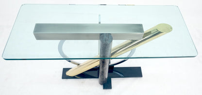 Brass Chrome Steel Sculpture Base Glass Top Rectangle Console Sofa Table MINT!