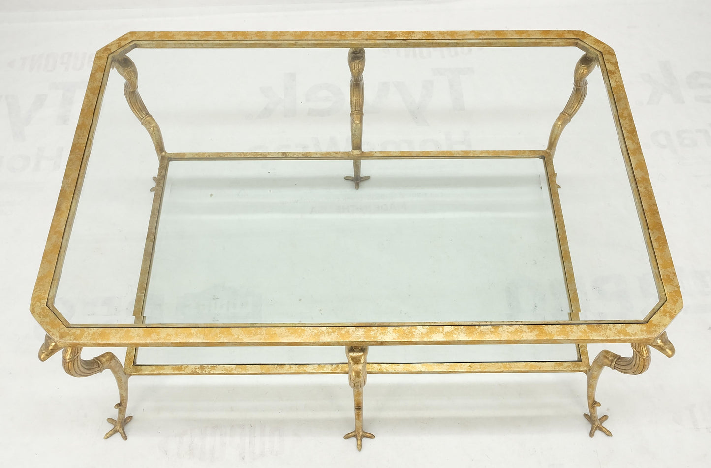 Silver Gilt Metal Glass Top Two Tier Eagle & Claw Motive Rectangle Coffee Table