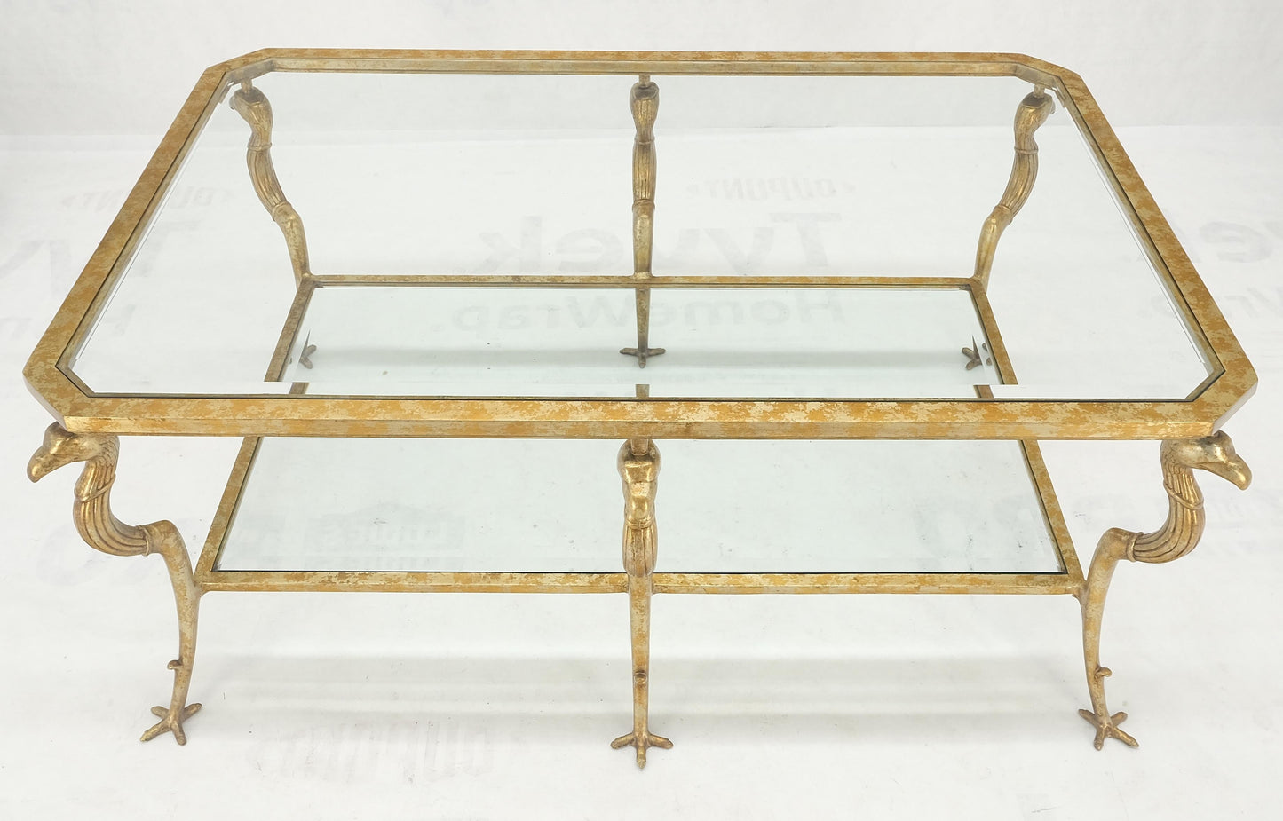 Silver Gilt Metal Glass Top Two Tier Eagle & Claw Motive Rectangle Coffee Table