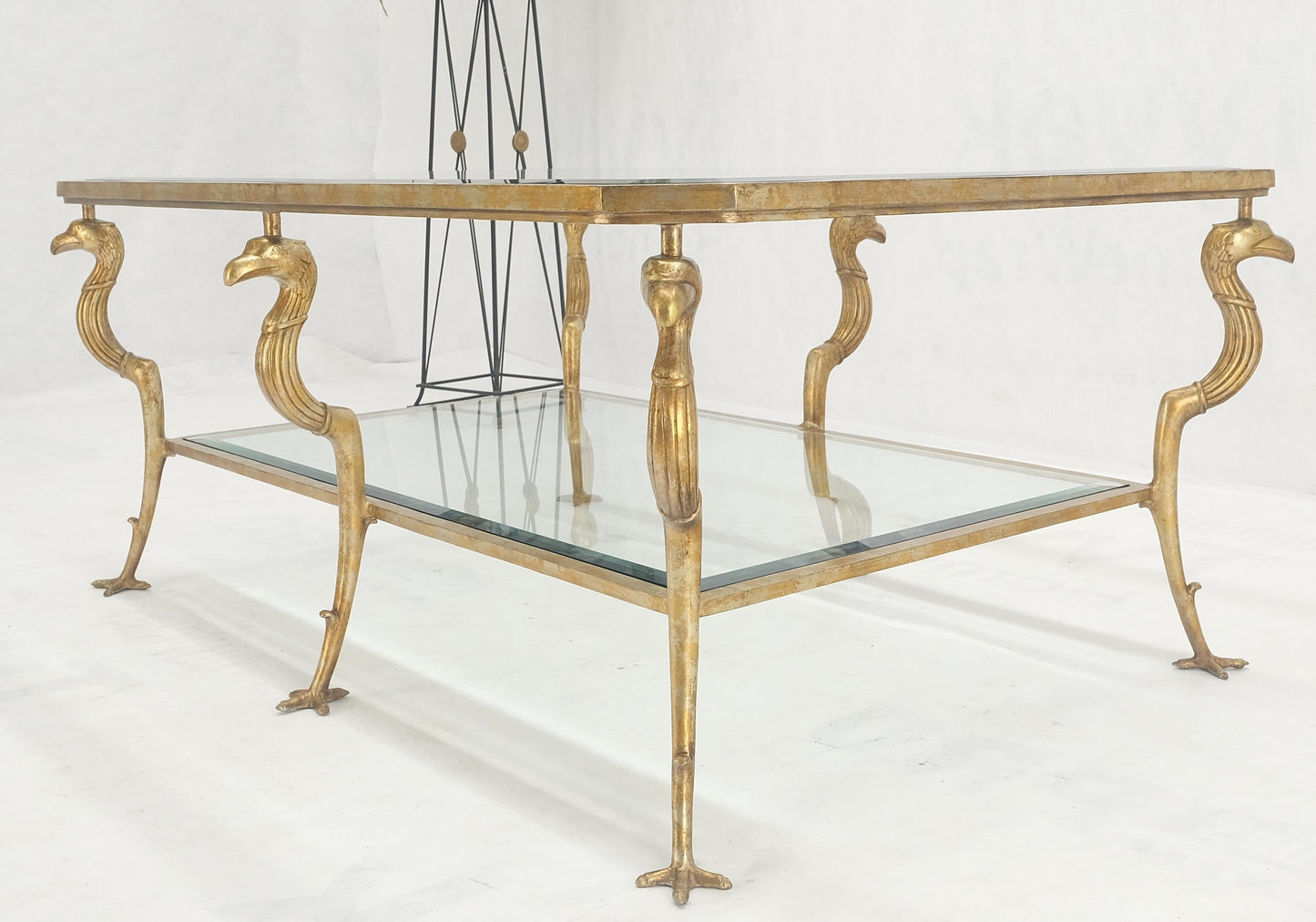 Silver Gilt Metal Glass Top Two Tier Eagle & Claw Motive Rectangle Coffee Table