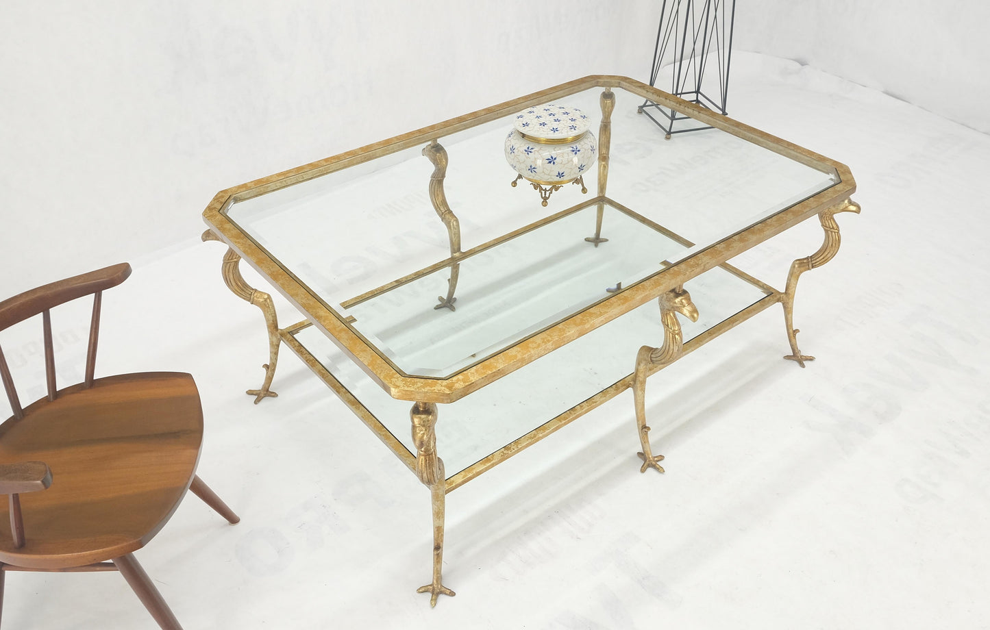 Silver Gilt Metal Glass Top Two Tier Eagle & Claw Motive Rectangle Coffee Table