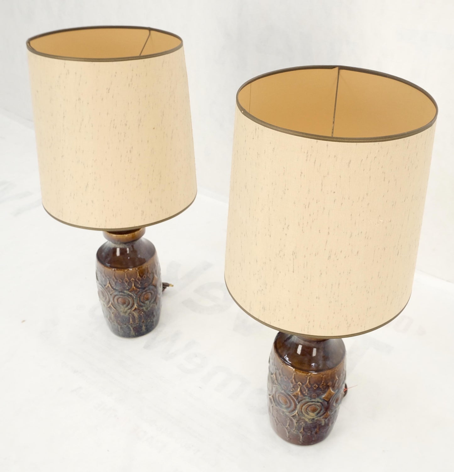 Pair of Brown Grey Blue Glazed Pottery Ceramic Vase Shape Table Lamp MINT!