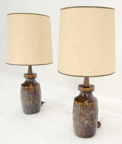 Pair of Brown Grey Blue Glazed Pottery Ceramic Vase Shape Table Lamp MINT!