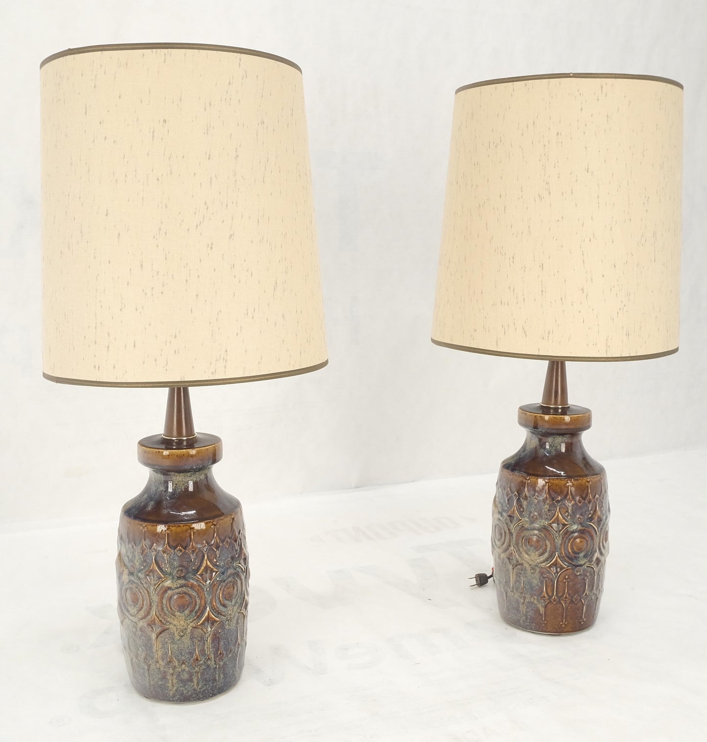 Pair of Brown Grey Blue Glazed Pottery Ceramic Vase Shape Table Lamp MINT!