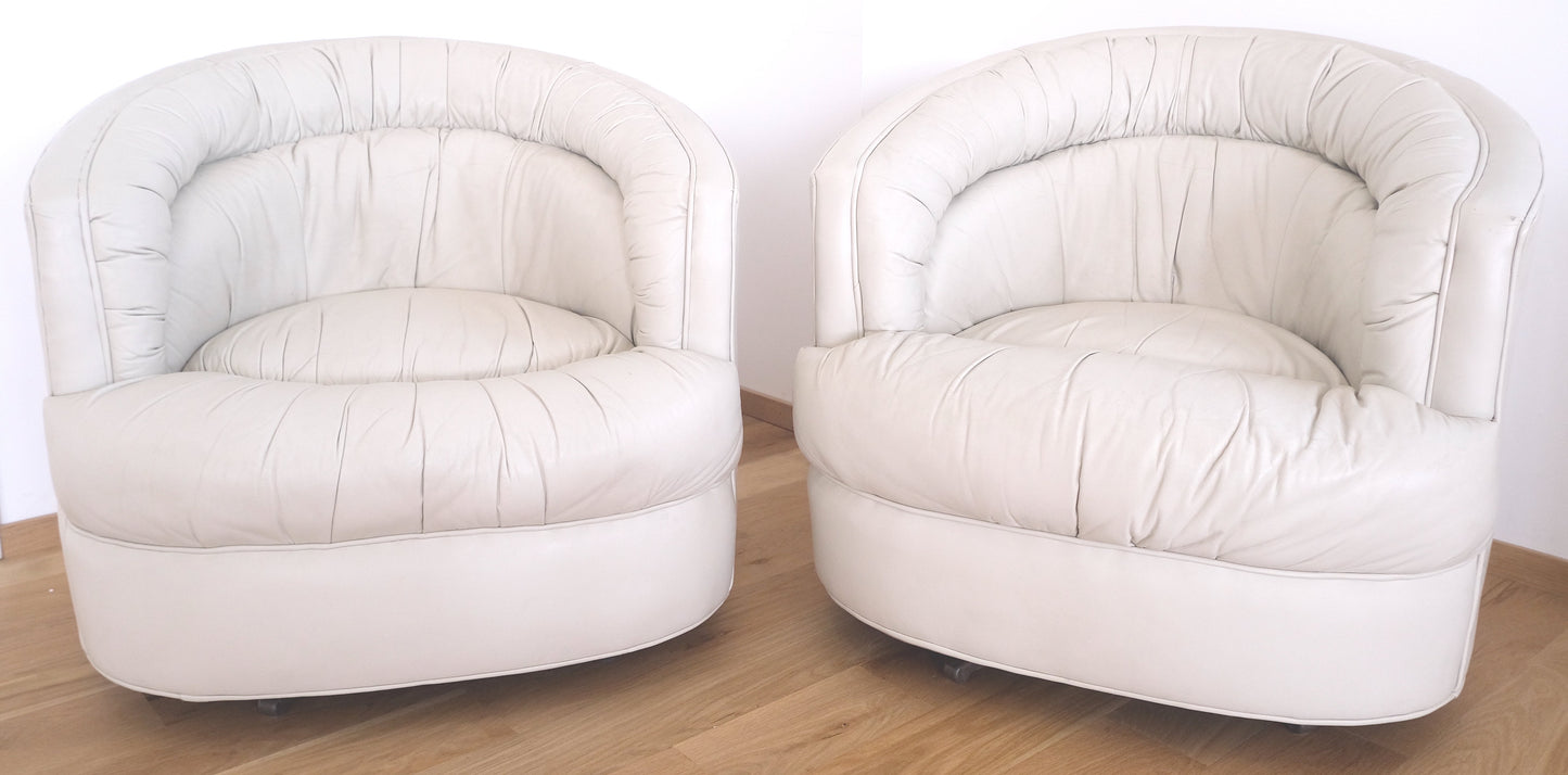 Pair Barrel Round Back Off White Leather Upholstery Swivel Lounge Chairs MINT!